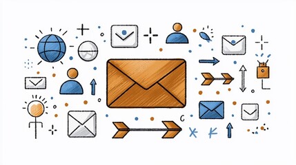 Poster - Freehand drawn user  mail envelope  and arrow symbols showcasing worldwide social networking and communication concept  simple line art clean minimalist aesthetic  vibrant color palette