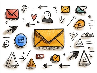 Poster - Sketch like freehand depicting global digital correspondence and messaging features including an anonymous user avatar  envelope icons  and directional arrows  with hand drawn textural elements