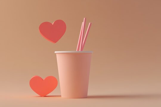 Cute Valentine's Day-themed in a cup with hearts, simple background, 3D illustration style, 2D flat design