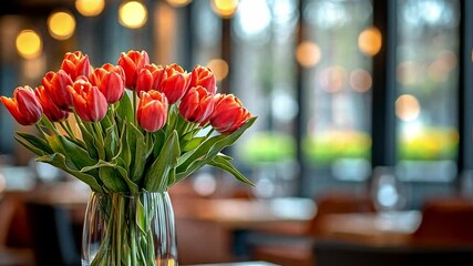 Poster - A beautiful bouquet of orange tulips is placed in a clear vase on a table. The modern cafe features warm lighting and comfortable seating, creating a welcoming spring atmosphere.