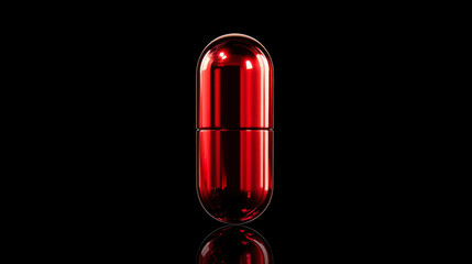Poster - Bright red capsule floating against a black background, showcasing a sleek and modern design in a minimalistic style
