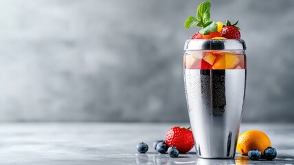 Wall Mural - Fresh fruit cocktail in shiny shaker with berries and mint garnish