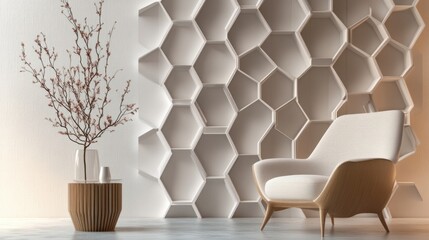 Fototapete - A geometric vertical 3D design with layered hexagons in soft hues, perfect for a minimalist interior