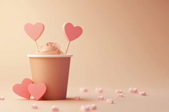 Cute Valentine's Day-themed in a cup with hearts, simple background, 3D illustration style, 2D flat design