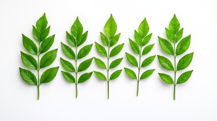 A photostock of small green ferns growing symmetrically, arranged neatly against a white background, symbolizing nature and simplicity. High Quality