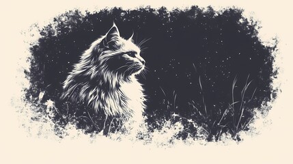  Wild cat roaming through dense forest greenery, blending seamlessly into its natural habitat, creating a serene wildlife background style book illustration