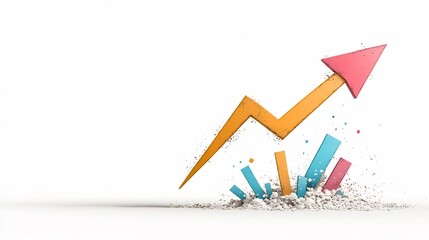 Poster - Vibrant Financial Growth Trend Chart with Upward Arrow and Vivid Color Data Points on Plain White Background Symbolizing Rising Market and Business Trends in a Clean Minimalist Style