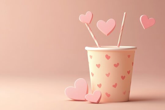 Cute Valentine's Day-themed in a cup with hearts, simple background, 3D illustration style, 2D flat design