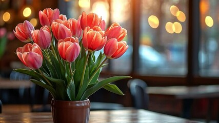 Poster - A beautiful arrangement of pink and white tulips sits in a pot on a wooden table. Soft spring light filters in through windows, creating a warm, inviting atmosphere in the background.