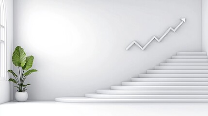 Poster - minimalist white interior scene with a sleek and modern financial graph displaying an ascending arro