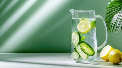 Wall Mural - Clear pitcher with cucumber and lemon water on green background