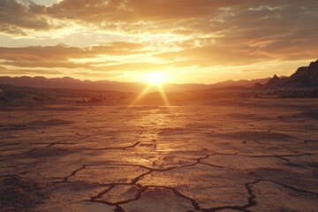 Wall Mural - sun setting over a barren desert landscape. the cracked earth in the foreground illustrates the hars