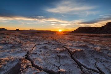 Wall Mural - sun setting over a barren desert landscape. the cracked earth in the foreground illustrates the hars