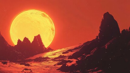 Wall Mural - alien planet with a glowing atmosphere, silhouetted against a fiery sun