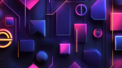 Fototapete - A vibrant vertical 3D wallpaper showcasing geometric shapes with glowing neon edges, creating a futuristic aesthetic