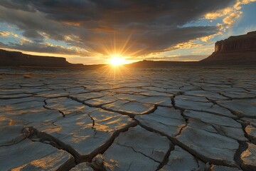 Wall Mural - sun setting over a barren desert landscape. the cracked earth in the foreground illustrates the hars