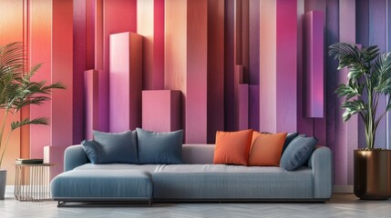Fototapete - A vibrant vertical 3D wallpaper with cascading geometric shapes and glowing edges, adding depth and modernity