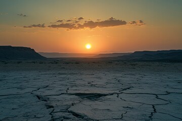Wall Mural - sun setting over a barren desert landscape. the cracked earth in the foreground illustrates the hars
