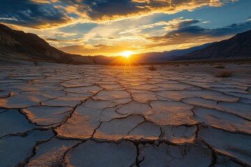 Wall Mural - sun setting over a barren desert landscape. the cracked earth in the foreground illustrates the hars