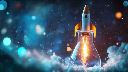 Poster - Galaxy space icon with rocket ship inside circular laboratory beaker with orbit, planets and stars. Isolated vector futuristic emblem conveying innovation, travel, exploration and technology progress