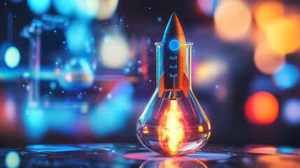 Poster - Galaxy space icon with rocket ship inside circular laboratory beaker with orbit, planets and stars. Isolated vector futuristic emblem conveying innovation, travel, exploration and technology progress