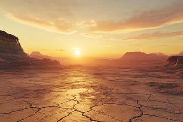 Wall Mural - sun setting over a barren desert landscape. the cracked earth in the foreground illustrates the hars