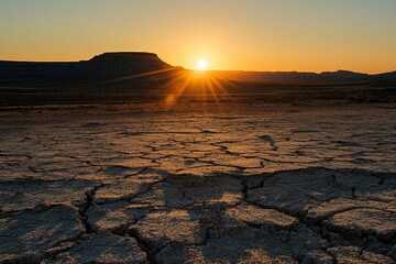 Wall Mural - sun setting over a barren desert landscape. the cracked earth in the foreground illustrates the hars