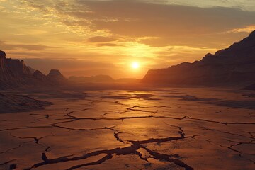 Wall Mural - sun setting over a barren desert landscape. the cracked earth in the foreground illustrates the hars