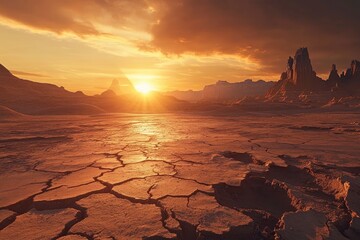Wall Mural - sun setting over a barren desert landscape. the cracked earth in the foreground illustrates the hars