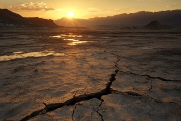 Poster - Sun setting over a barren desert landscape. The cracked earth in the foreground illustrates the harsh conditions of this unforgiving environment