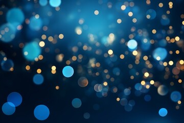 Poster - Golden and blue particles floating on a dark blue background, creating a magical bokeh effect, perfect for festive designs
