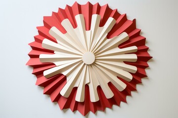 Poster - intricate paper art in red and beige forming concentric circles with folded edges, creating a visual