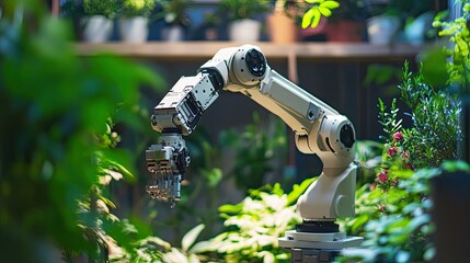 Poster - Robotic Arm in a Lush Greenhouse Surrounded by Vibrant Plants