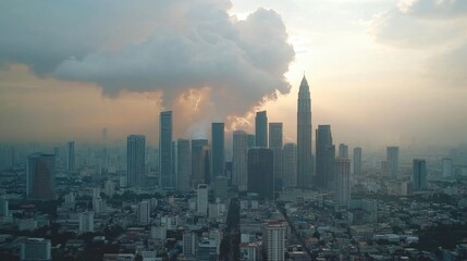 Poster - Aerial View of Modern Skyline at Sunset with Dramatic Clouds