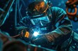 © Валерий Тодаренко - Close-up of underwater welder, precision cutting metal structure, wearing professional diving gear, illuminated by welding torch in deep marine environment