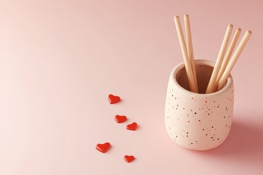 Cute Valentine's Day-themed in a cup with hearts, simple background, 3D illustration style, 2D flat design
