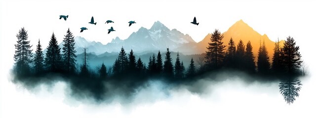 Poster - Serene and atmospheric depicting a mystical mountain landscape with a foggy pine forest silhouetted trees and birds flying against a dramatic sky at dawn or sunset