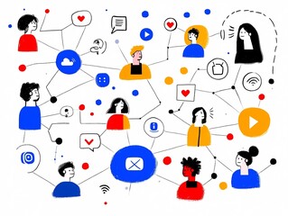 Poster - Interconnected digital communication network with vibrant abstract user profile avatars messaging icons and playful overlapping lines shapes