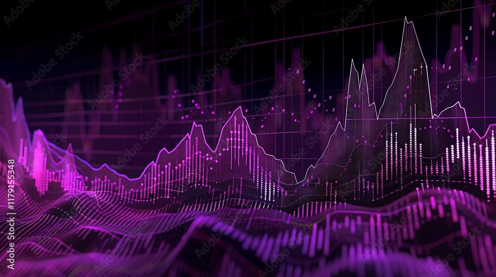 Stock market graph with fluctuating trend lines on a solid dark blue ...
