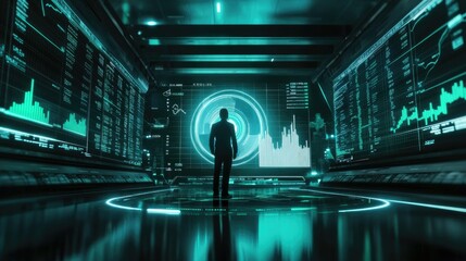 Poster - Futuristic Data Analytics Room with Man Observing Digital Metrics