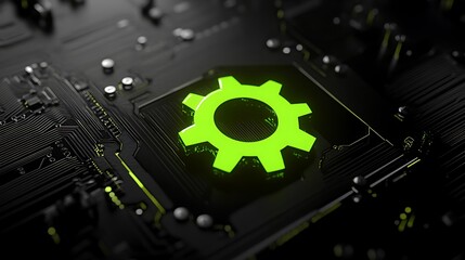 Wall Mural - glowing green gear on dark circuit board.