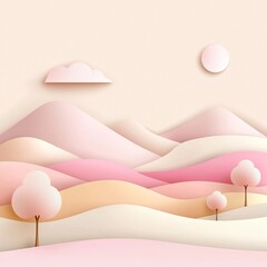 Poster - Peaceful pastel gradient background with soft textured noise overlay featuring a contemporary minimalist landscape design of abstract geometric shapes and forms