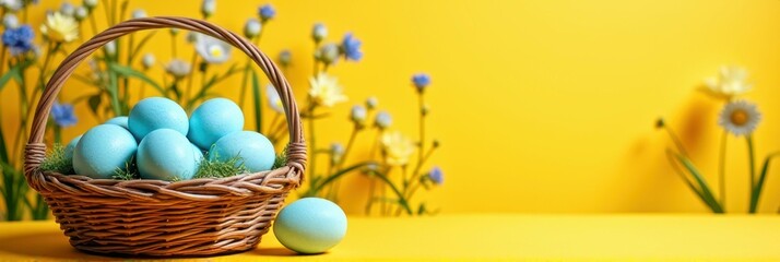 Wall Mural - Basket of blue eggs with wildflowers on yellow background