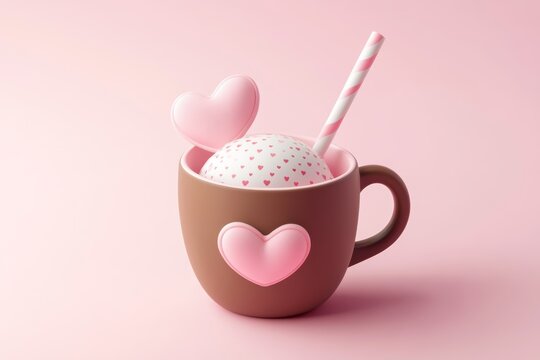 Cute Valentine's Day-themed in a cup with hearts, simple background, 3D illustration style, 2D flat design