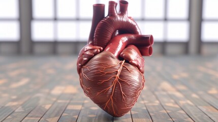 Poster - realistic 3d model of human heart anatomy on wooden surface