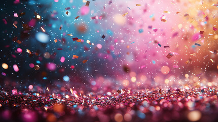 falling multicolored confetti on a shiny texture background with smooth gradients and festive bokeh.