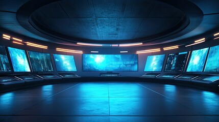 Poster - Futuristic Control Room with Blue Lighting and Multiple Screens