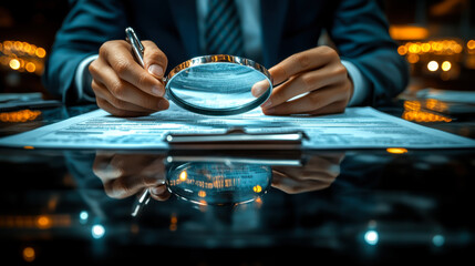 Poster - professional examining documents using a magnifying glass at a modern office setting during evening 