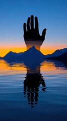 Poster - Silhouette of a Hand Against Mountain Landscape at Sunset Reflection