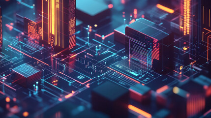 Poster - Blockchain technology icon, cryptocurrency payment service vector emblem. Blue cubes with key, computer motherboard tracks. Digital money technology, future electronic transaction database